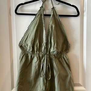 SHEIN Olive Green Halter Romper | Size L | Deep V-Neck